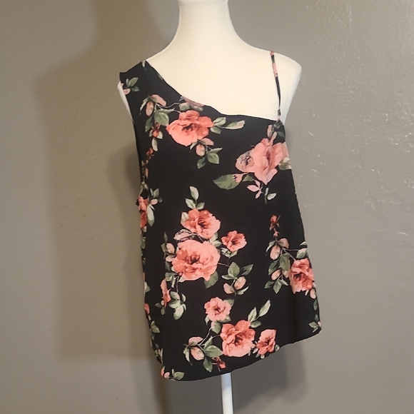 Seven Sisters Womens Floral Black One-Shoulder Top Adjustable Strap Large NWT - Picture 1 of 8